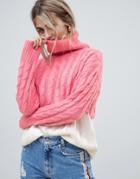 Brave Soul Mallow Color Block Sweater-pink