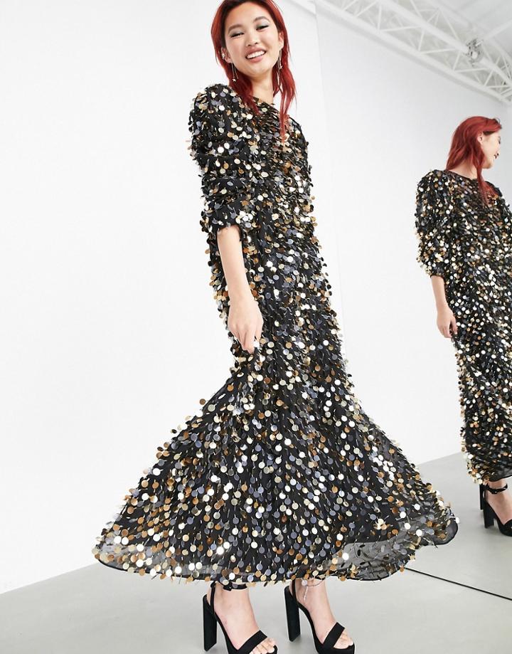Asos Edition Drape Sleeve Midi Dress With Sequin Droplets In Black