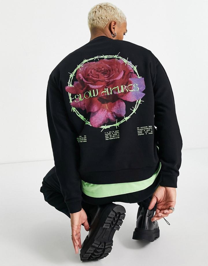 Asos Design Oversized Sweatshirt With Large Floral Back Print In Black