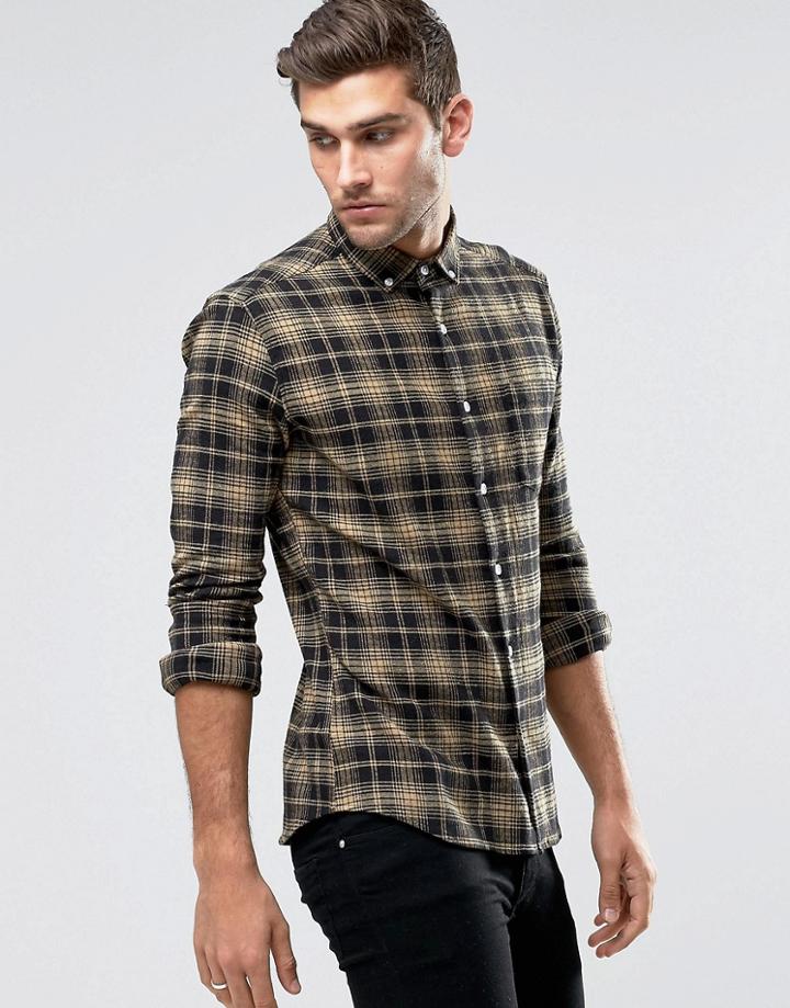 Asos Skinny Check Shirt In Camel With Long Sleeves - Tan