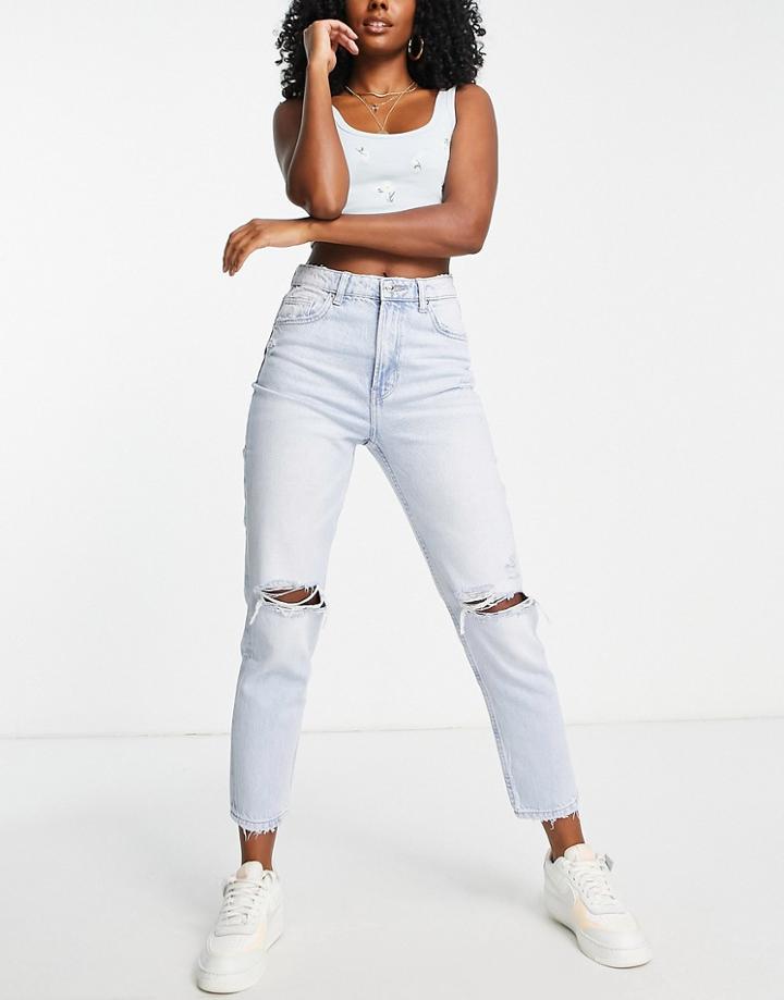 Bershka Petite Mom Jeans With Rips In Bleach Blue