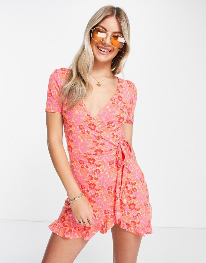 Pull & Bear Wrap Front Floral Mini Dress In Red