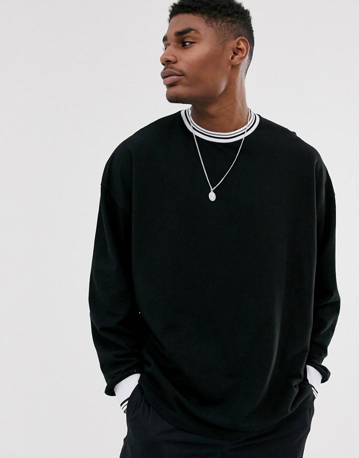 Asos Design Pique Oversized Long Sleeve T-shirt With Tipping In Black
