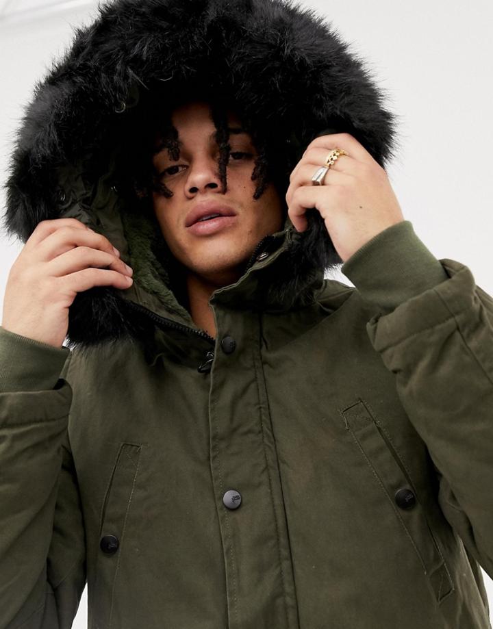 Sixth June Parka Coat In Khaki With Black Faux Fur Hood - Green