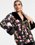 Asos Design Satin Plunge Blouse In Floral Print With Faux-fur Trim - Part Of A Set-multi