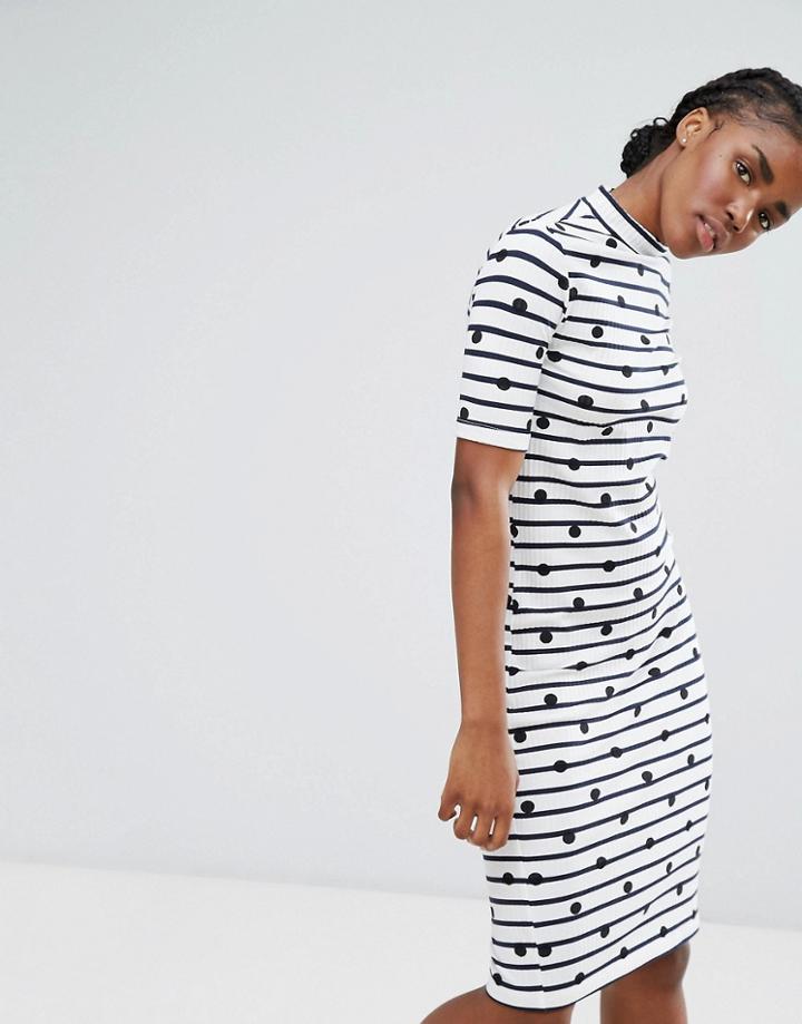 Pieces Turtlneck Stripe Bodycon Midi Dress - Beige