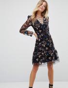 Tresophie Allover Embroidery Tie Up Dress - Black