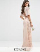 Maya Embellished Maxi Dress With Fluted Sleeve With Lace Up Back - Pin