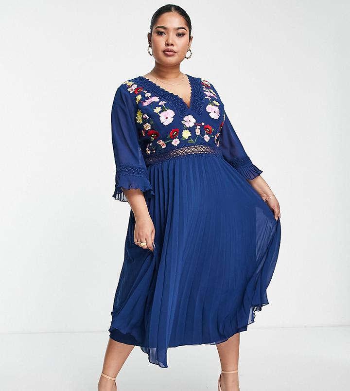 Asos Design Curve Lace Insert Pleated Midi Dress With Embroidery In Navy