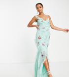 Asos Design Petite Bias Cut Maxi Dress With Ruffle Detail And Floral Embellishment-green