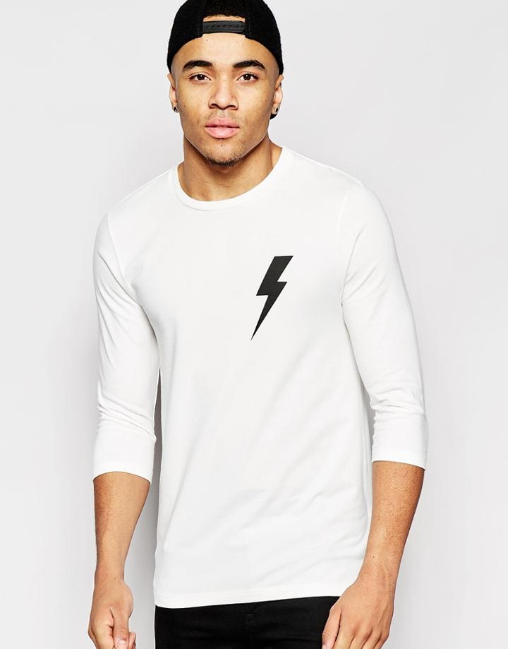 Asos Muscle 3/4 Sleeve T-shirt With Lightning Print - Off White