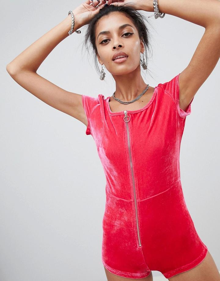 Elsie & Fred Zip Front Romper In Velvet - Pink