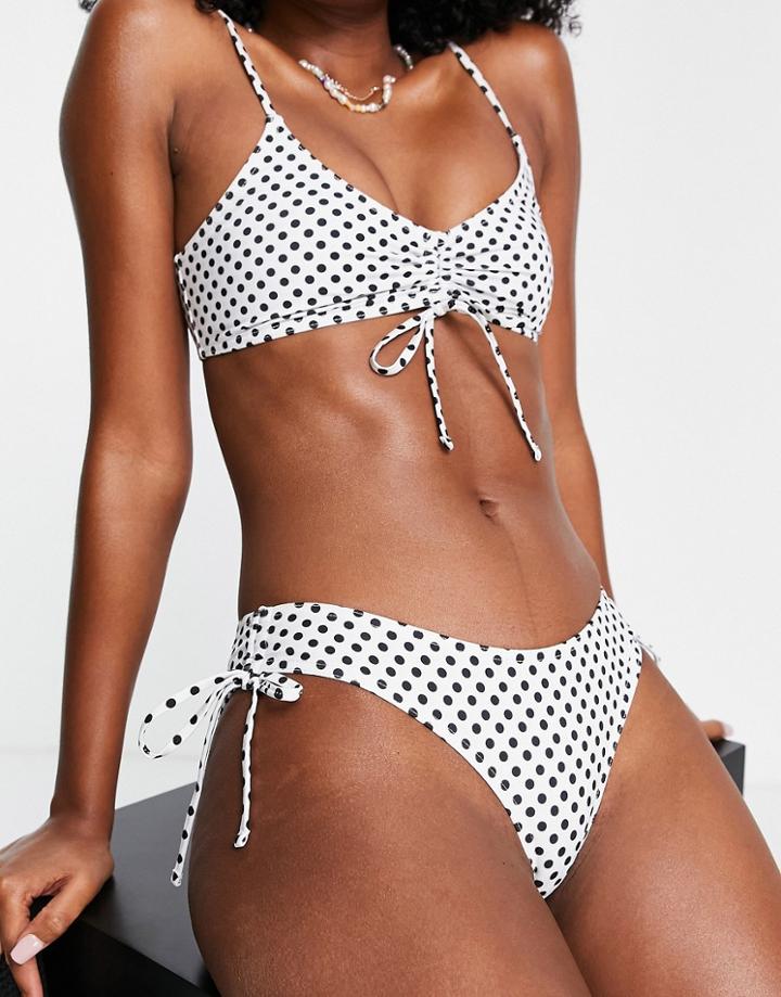 Topshop Recycled Blend Polka Dot Ruche Side High Leg Bikini Bottom In White