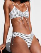 Topshop Recycled Blend Polka Dot Ruche Side High Leg Bikini Bottom In White