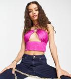 Asos Design Petite Halter Front Scarf Top With Ring Trim Detail In Pink Jacquard