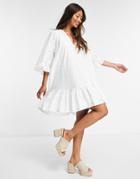 Asos Design Eyelet Trapeze Mini Dress With 70s Sleeve-white