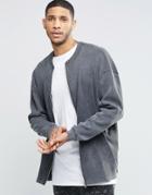 Asos Oversized Longline Ribbed Jersey Bomber Jacket With Acid Wash - Gray