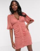 Asos Design Button Through Dobby Mini Dress With Puff Sleeve In Terracotta-pink