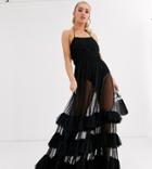 Lace & Beads Embellished Bodice Tiered Tulle Maxi Dress In Black
