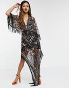Asos Design Embellished Sheer Midaxi Dress With Scarf Hem And Fringe Detail-multi