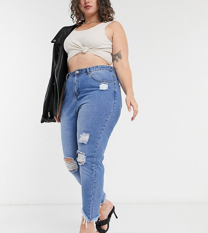 Yours Distressed Hem Mom Jeans In Mid Blue