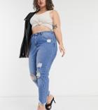 Yours Distressed Hem Mom Jeans In Mid Blue