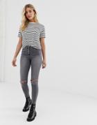 Parisian High Waisted Jeggings With Ripped Knee - Gray