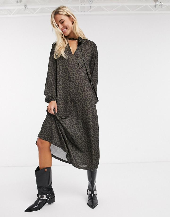 Asos Design Tie Neck Midi Dress In Khaki Animal Print-multi
