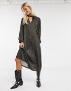 Asos Design Tie Neck Midi Dress In Khaki Animal Print-multi