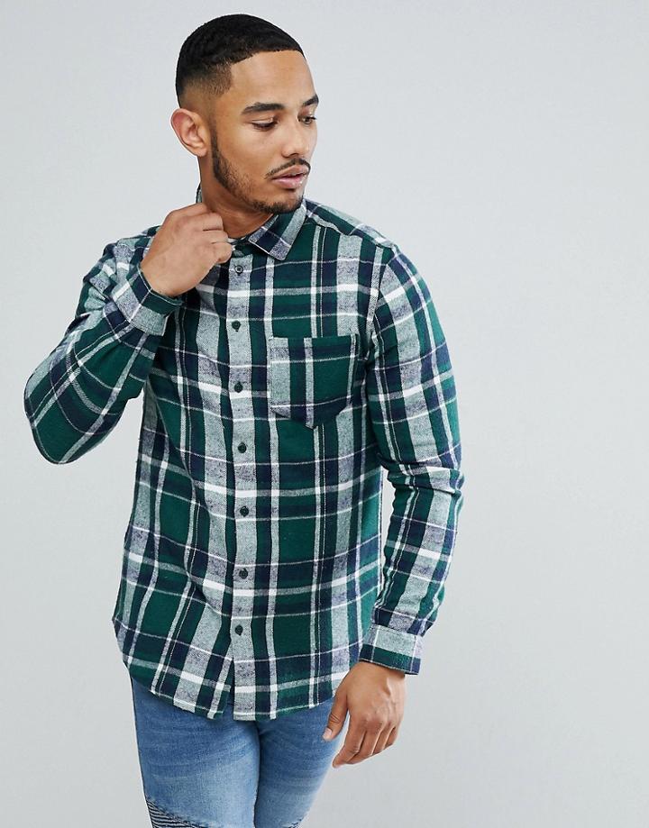 Boohooman Regular Fit Shirt In Green Check - Green