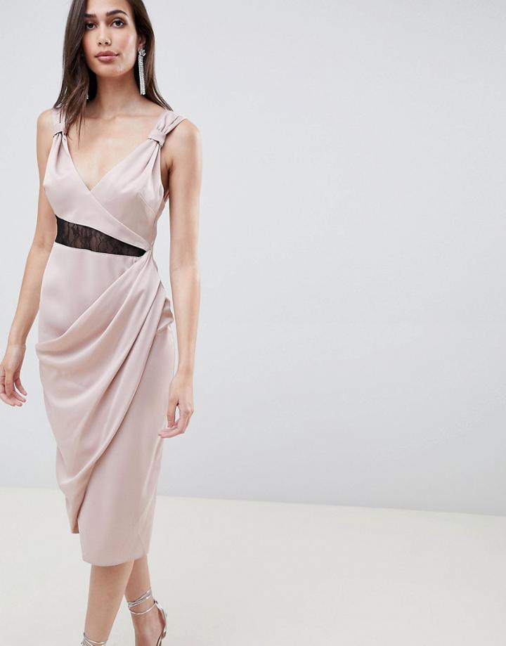 Asos Design Satin Midi Dress With Contrast Lingerie Lace Inserts-beige