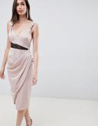 Asos Design Satin Midi Dress With Contrast Lingerie Lace Inserts-beige