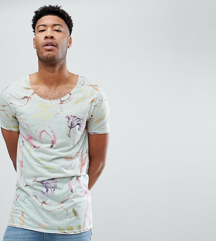 Asos Design Tall Longline T-shirt In Linen Look With Floral Print - Blue