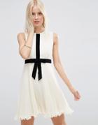 Asos Occasion Pleat Skater Dress With Contrast Bow - White