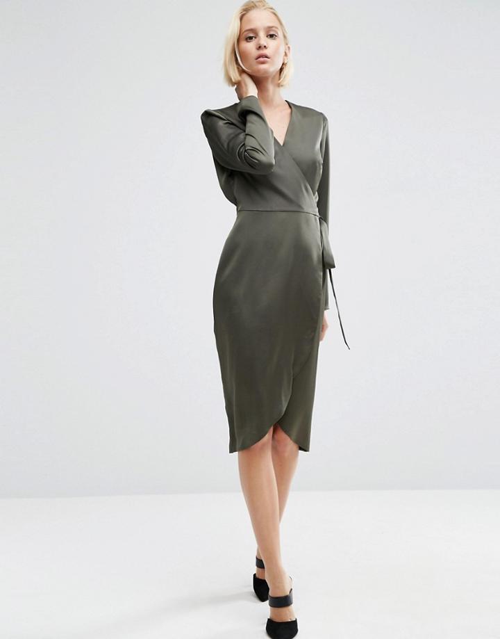 Asos Midi Wrap Dress In Satin - Green