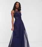 Little Mistress Tall Pleat Maxi Dress With Lace And Embellishment Detail In Navy