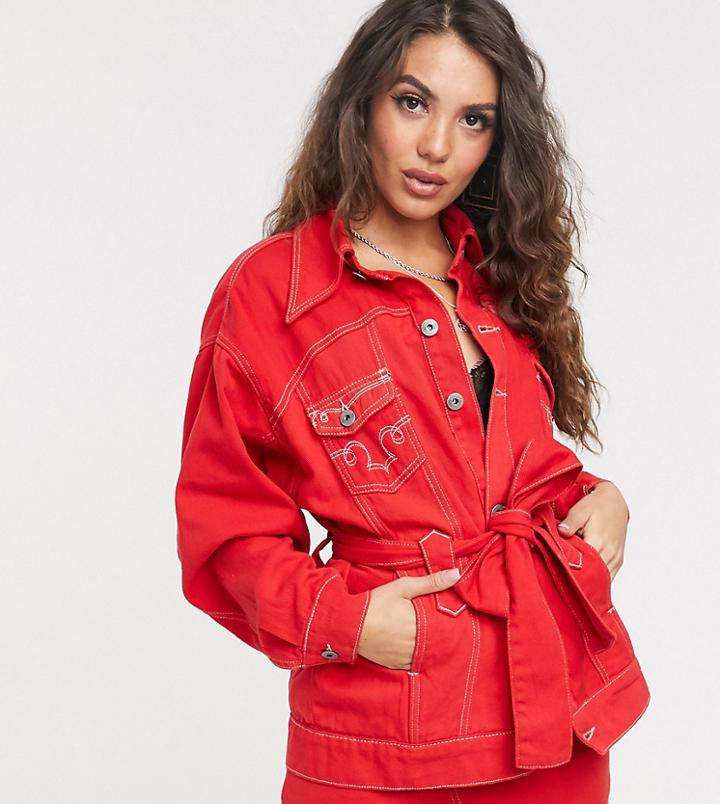 Liquor N Poker Western Belted Denim Jacket Two-piece - Red