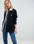 Asos Design Denim Jacket With Fleece Collar In Washed Black - Black