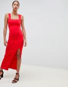 Asos Design Square Neck Maxi Dress With Thigh Split - Red