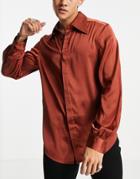 Asos Design Regular Satin Shirt With 70s Collar And Volume Sleeve-orange