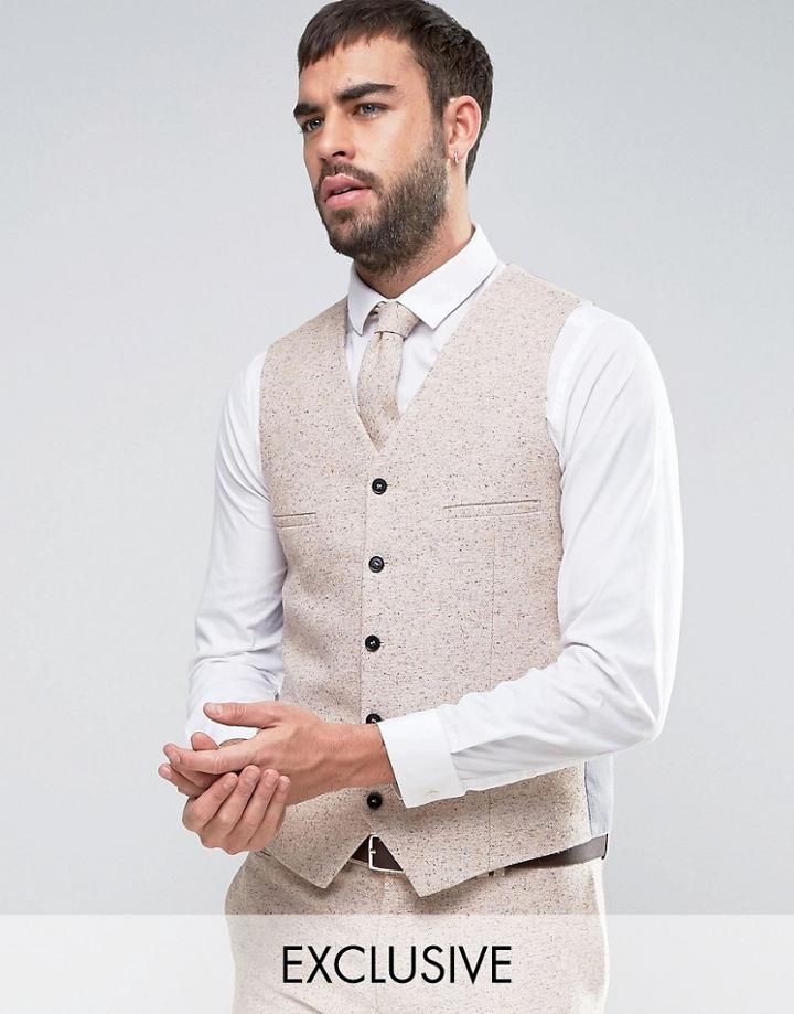 Noak Super Skinny Wedding Vest In Fleck Wool - Beige