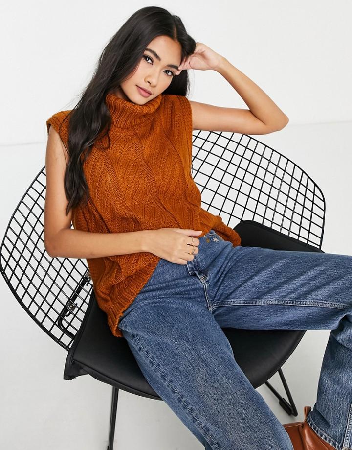 Asos Design Cowl Neck Knitted Tank With Cable In Brown