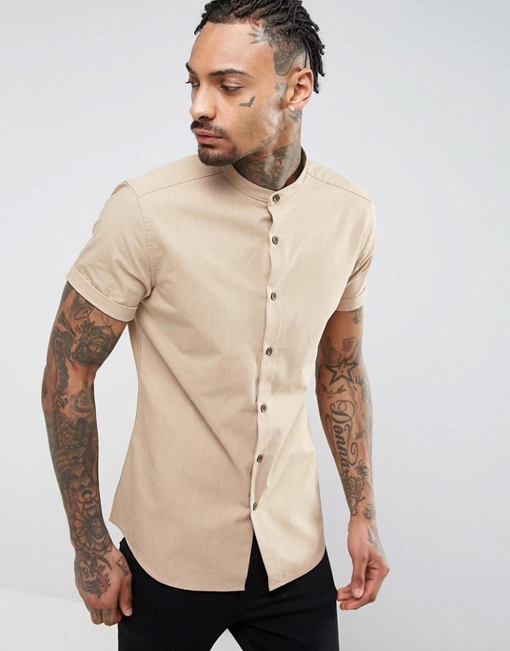 Asos Slim Shirt In Stretch With Grandad Collar With Linen - Brown
