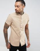 Asos Slim Shirt In Stretch With Grandad Collar With Linen - Brown