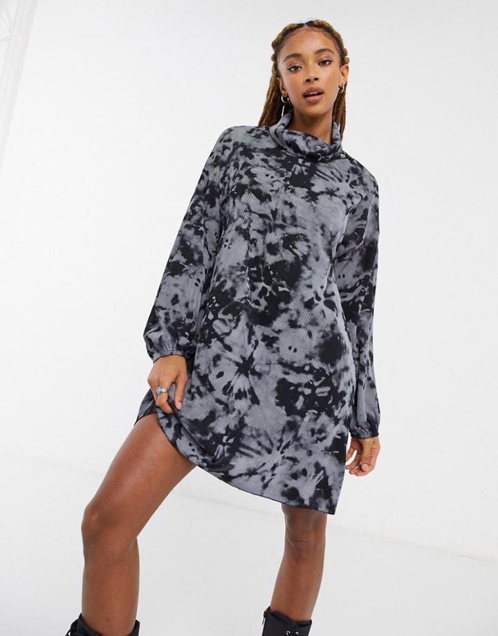Asos Design Mini Ribbed Dress In Black And Gray Tie Dye-grey