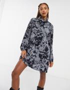 Asos Design Mini Ribbed Dress In Black And Gray Tie Dye-grey