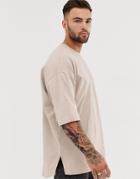 Asos Design Oversized T-shirt With Side Split In Beige - Beige