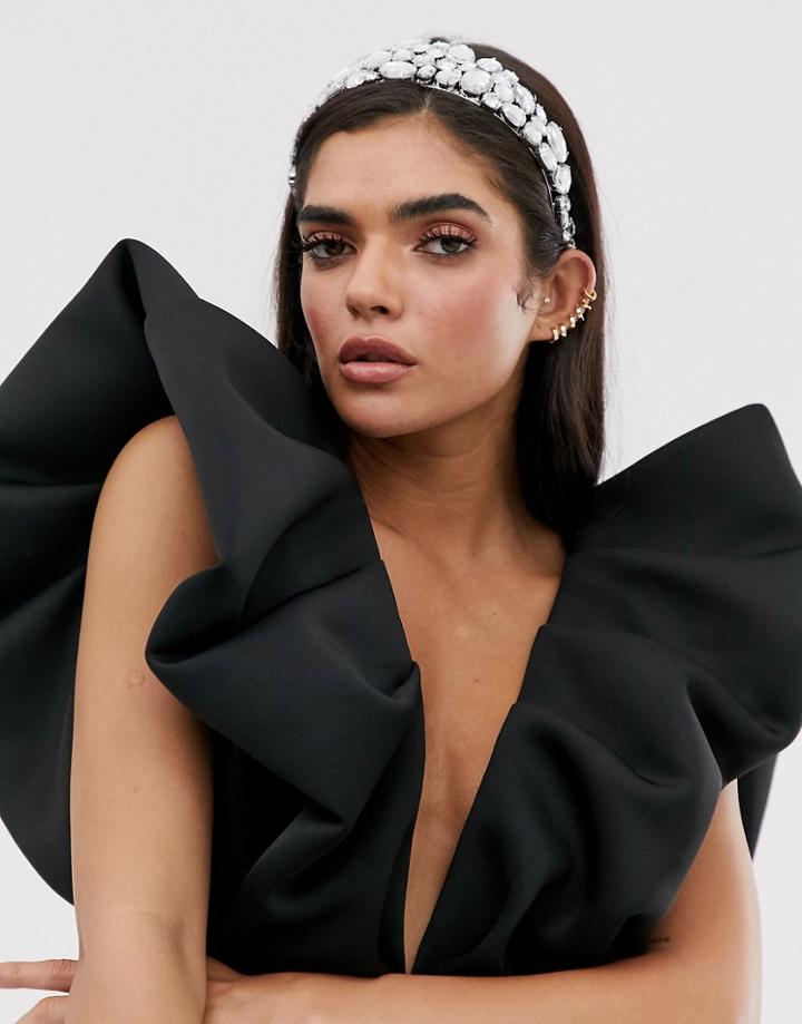 Asos Design Encrusted Crystal Headband In Silver Tone