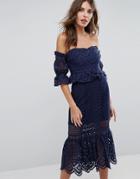Foxiedox Pure Eyelet Off The Shoulder Dress - Navy