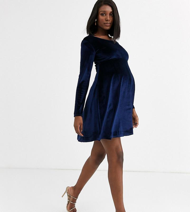Blume Maternity Exclusive Velvet Long Sleeved Stretch Midi Skater Dress In Navy